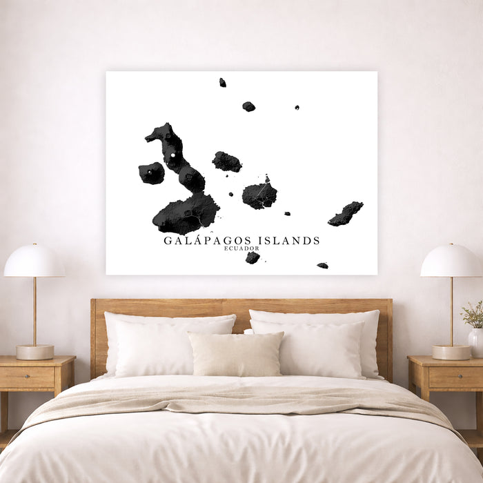 Bedroom with a large wall art piece of the Galápagos Islands.