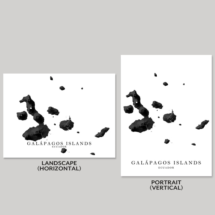 Two black and white maps of the Galápagos Islands on a gray background.