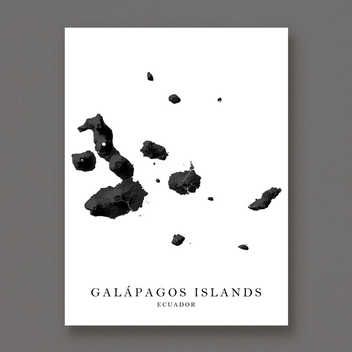 Map of Galápagos Islands with black ink splashes on a white background