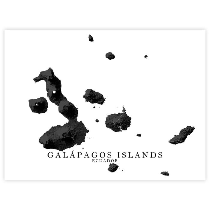 Map of Galápagos Islands with black ink splashes on a white background