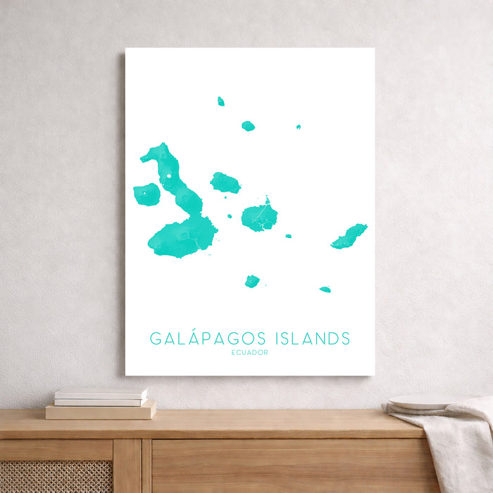 Map of Galápagos Islands on a white background, framed and leaning against a wall.