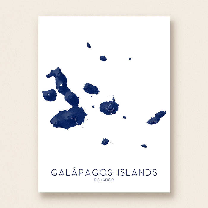 Map of Galápagos Islands with blue watercolor design on a white background