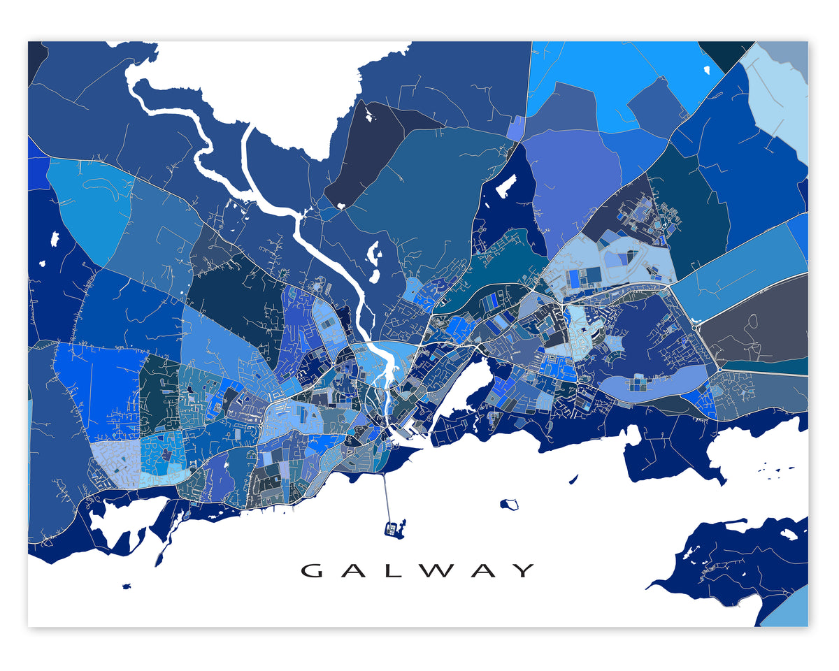 Galway Republic of Ireland City Map Print, Blue Geometric Wall Art Pos ...