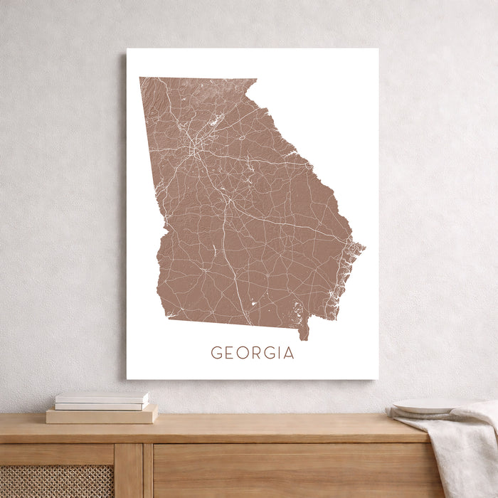 Map of Georgia on a white wall above a wooden shelf.