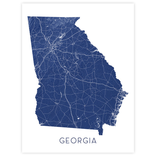 Map of Georgia in blue with white lines on a white background