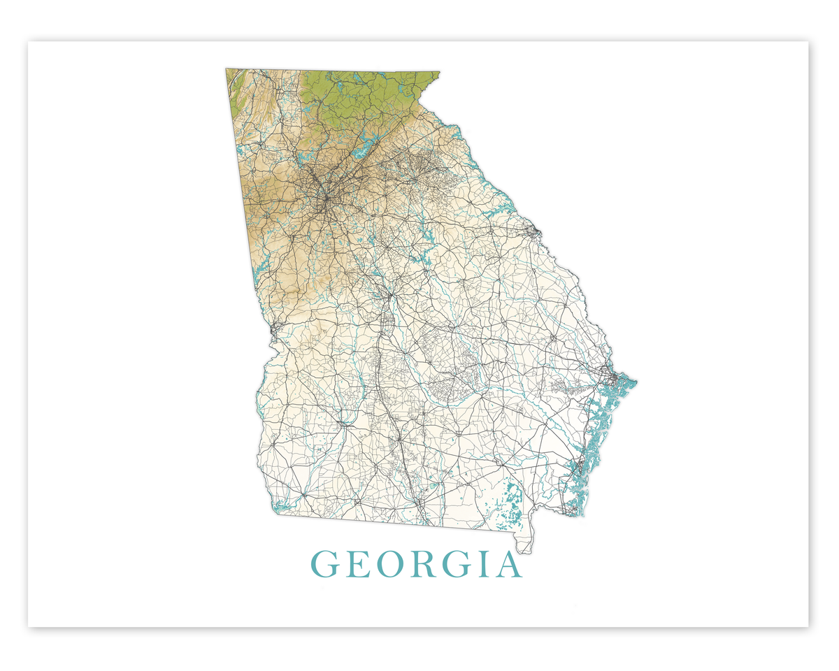 Georgia State Map Print Poster, Topographic Landscape Wall Art Road Ma —  Maps As Art, image size:1200x960