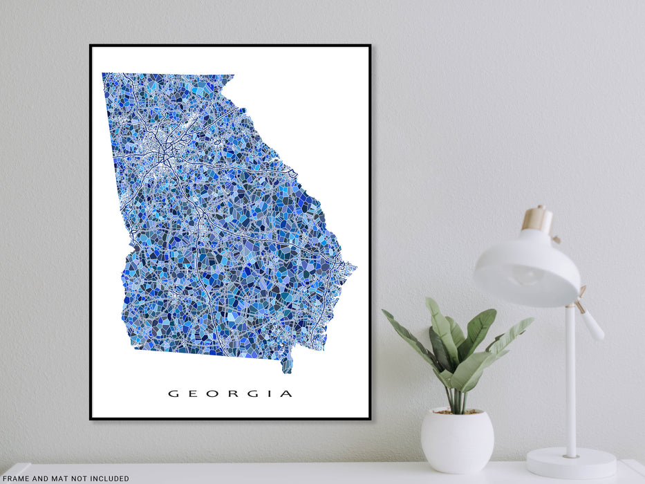 Georgia state map art print in blue shapes designed by Maps As Art.