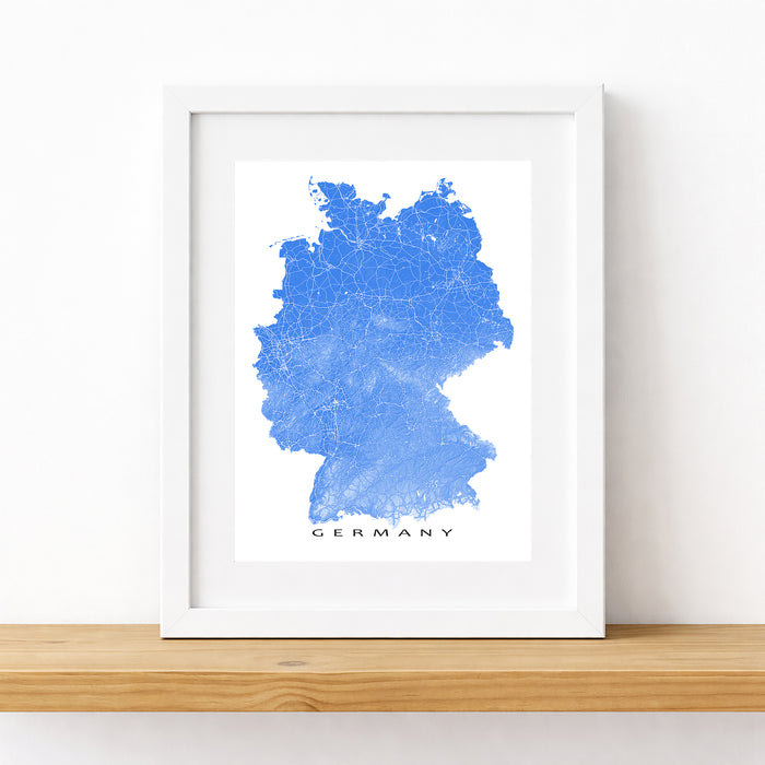 Framed map of Germany with a blue topographic design on a white background