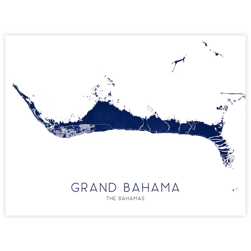 Map of Grand Bahama, The Bahamas with a blue color scheme on a white background.