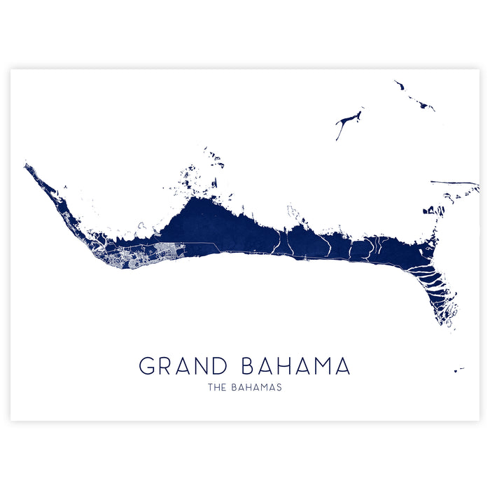 Map of Grand Bahama, The Bahamas with a blue color scheme on a white background.