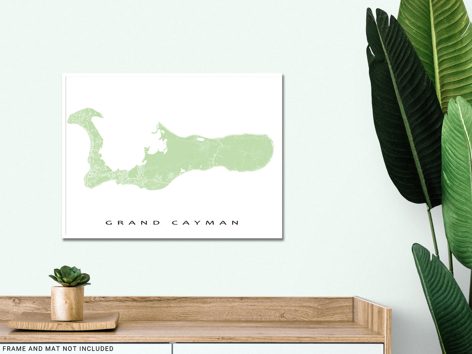 Grand Cayman map print with natural landscape and main island roads in Navy designed by Maps As Art.