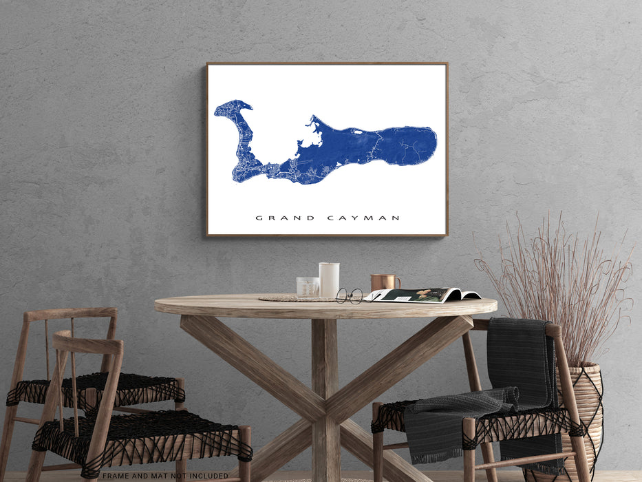 Grand Cayman map print with natural landscape and main island roads in Navy designed by Maps As Art.