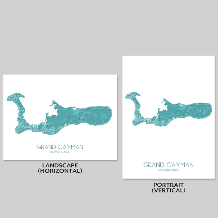 Two maps of Grand Cayman, one in landscape and one in portrait orientation, on a gray background.