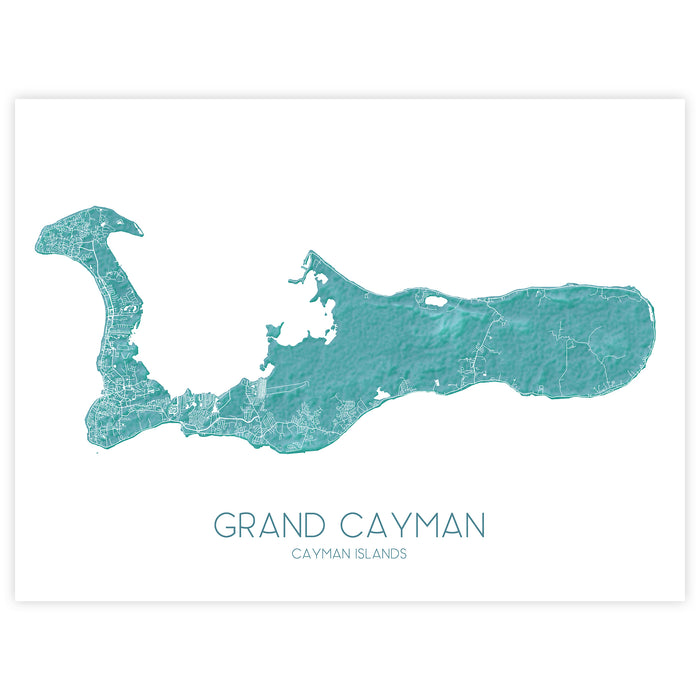 Map of Grand Cayman with a teal color on a white background