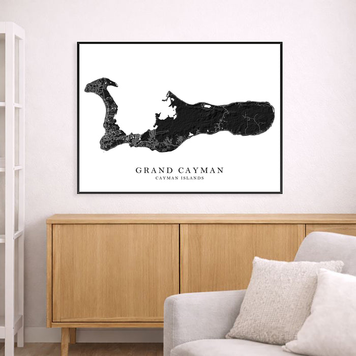 Grand Cayman Map Print: Black and White Cayman Islands Neutral Wall Art Poster