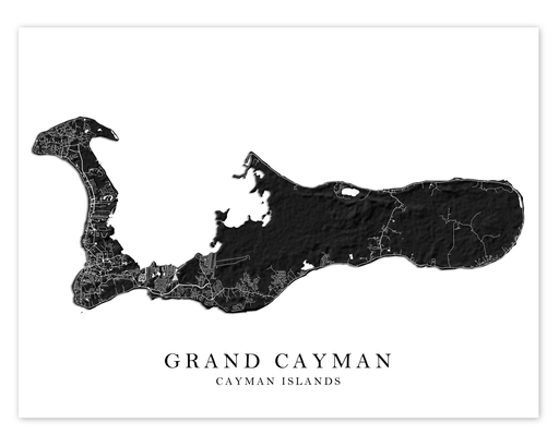 Grand Cayman island, Cayman Islands map wall art print with a black and white landscape design by Maps As Art.