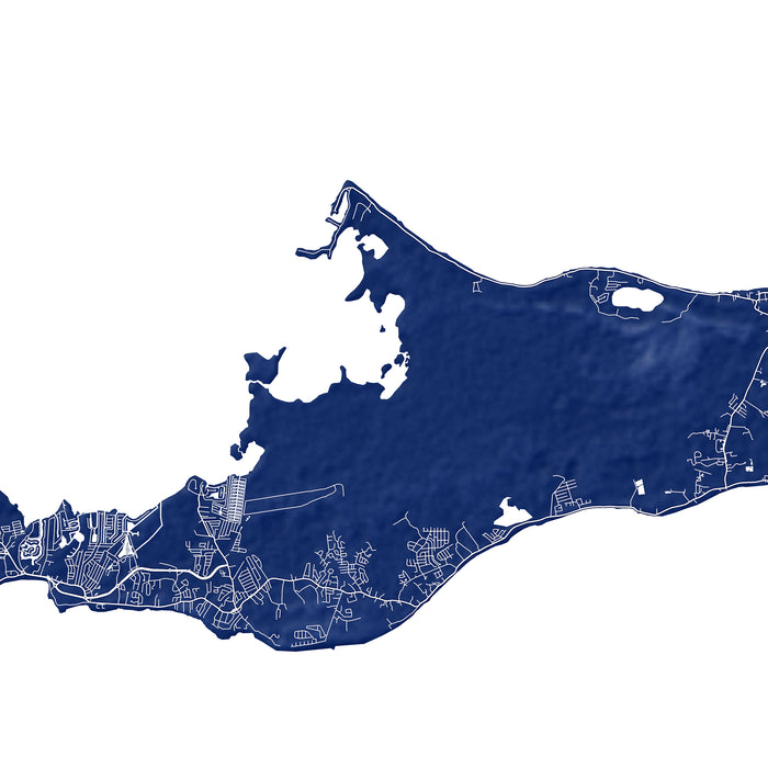 Map of a coastal area with urban layout on a white background
