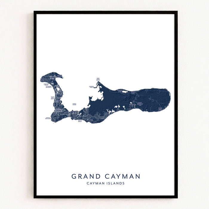Map of Grand Cayman in a black frame on a white background