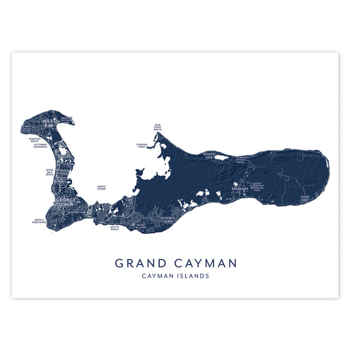 Map of Grand Cayman with city names on a white background