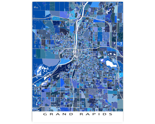 Grand Rapids, Michigan map art print in blue shapes designed by Maps As Art.