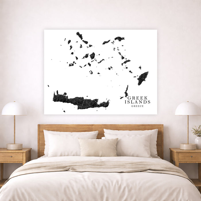 Map of Greek Islands on a wall above a bed in a bedroom