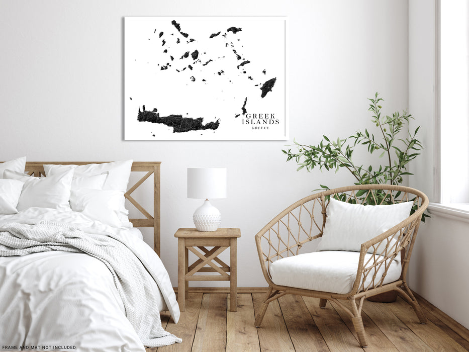Greek islands, Greece map print with a black and white landscape design by Maps As Art.