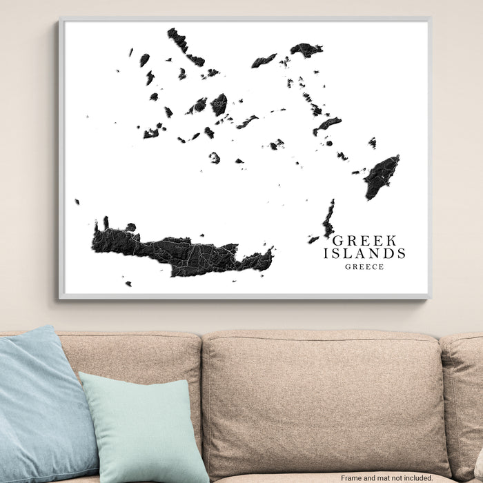 Framed map of Greek Islands on a wall above a sofa