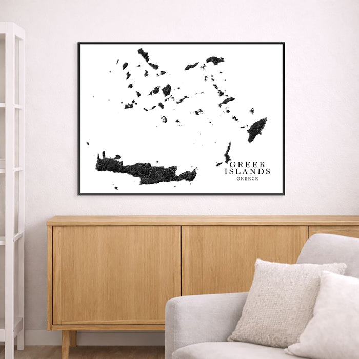 Framed map of Greek Islands on a wall above a wooden cabinet and sofa.