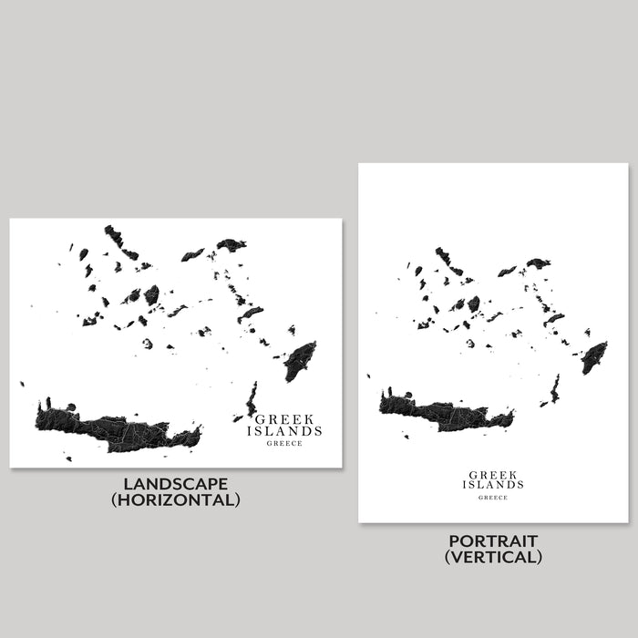 Two black and white maps of the Greek Islands, one landscape and one portrait, on a gray background.