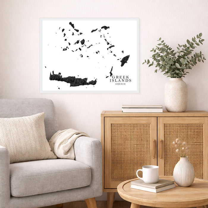 Framed map of Greek Islands above a sofa in a living room setting.