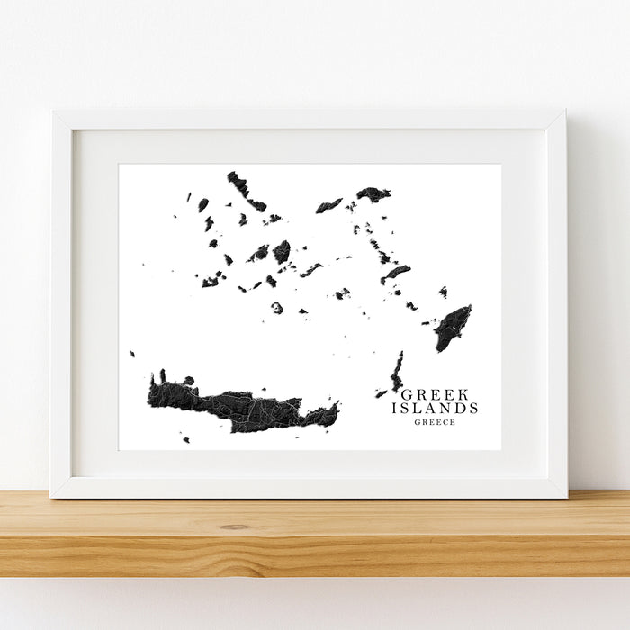 Framed map of Greek Islands on a white wall