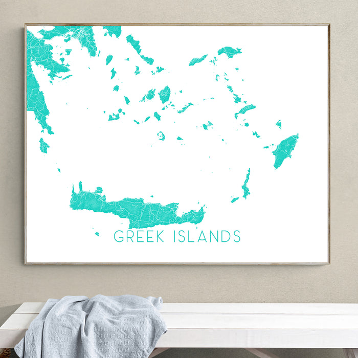Framed map of Greek Islands on a wall above a bench.