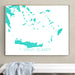 Framed map of Greek Islands on a wall above a bench.
