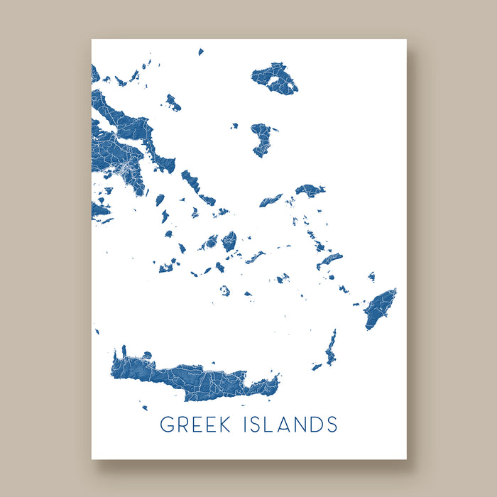 Map of Greek Islands on a white background with blue coloring
