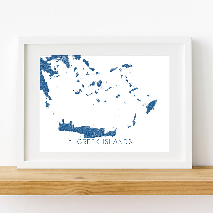 Framed map of the Greek Islands on a white wall