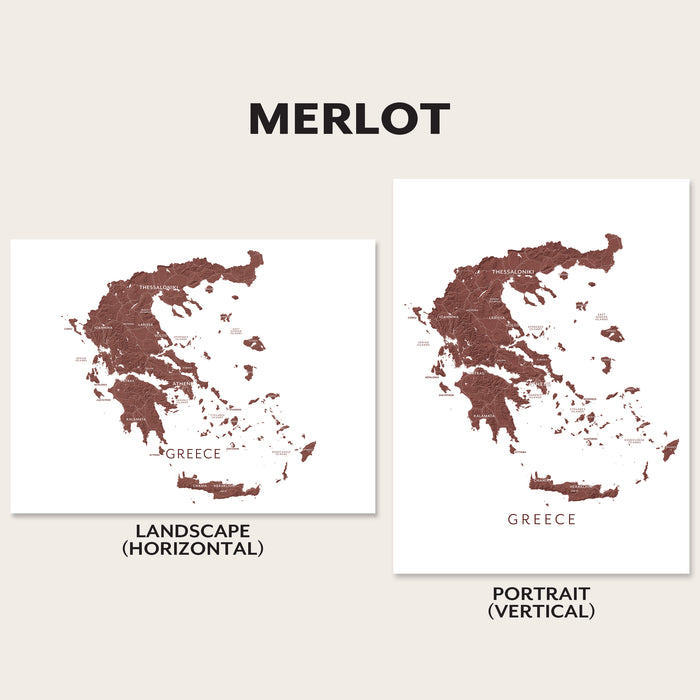 Two maps of Greece, one in landscape horizontal orientation and the other in portrait vertical orientation, on a beige background with 'MERLOT' text.