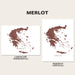 Two maps of Greece, one in landscape horizontal orientation and the other in portrait vertical orientation, on a beige background with 'MERLOT' text.
