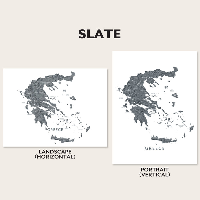 Two map prints of Greece on a beige background with 'Slate' text above.