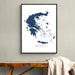 Framed map of Greece on a wall above a wooden bench.