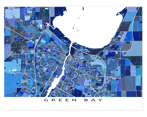 Green Bay, Wisconsin map art print in blue shapes designed by Maps As Art.