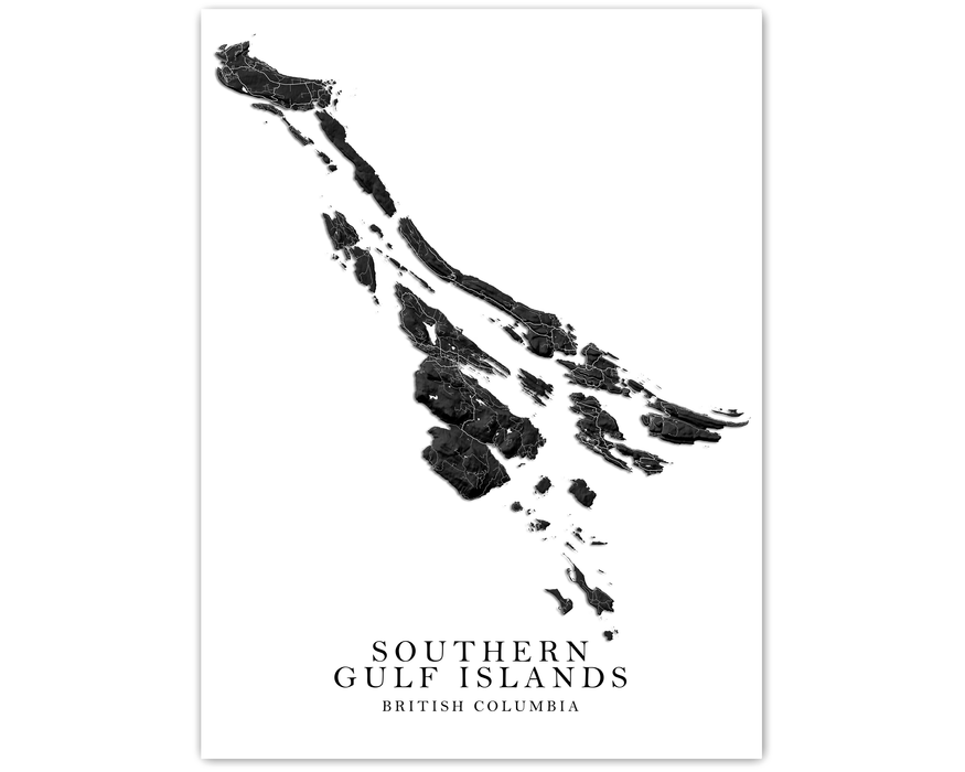 Gulf Islands map print with a black and white topographic landscape design by Maps As Art.