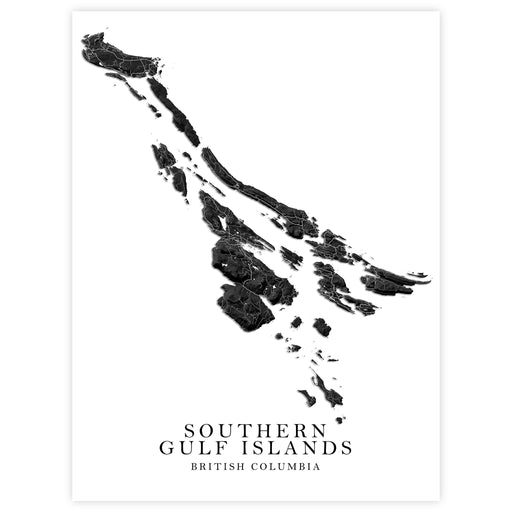 Map of Southern Gulf Islands, British Columbia in black on a white background