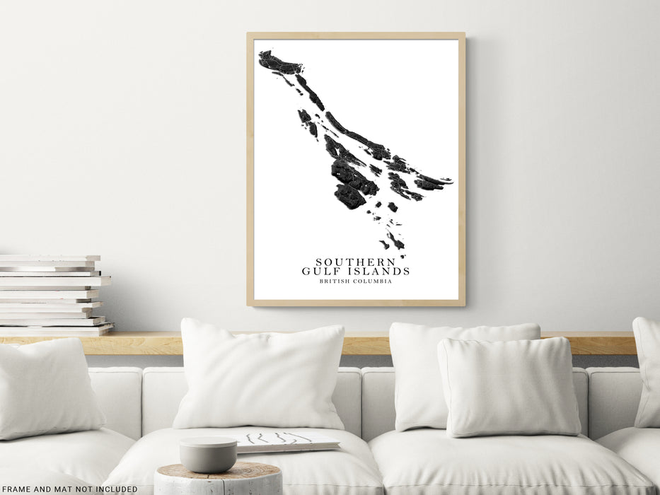 Gulf Islands map print with a black and white topographic landscape design by Maps As Art.