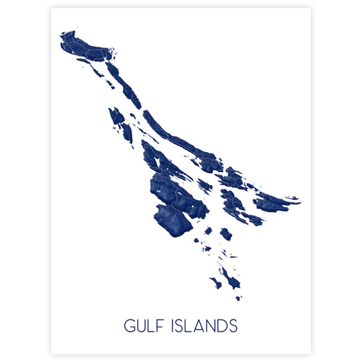 Map of the Gulf Islands in navy blue on a white background
