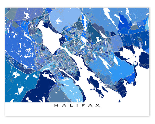Halifax, Nova Scotia Canada city map print with a blue geometric design by Maps As Art.