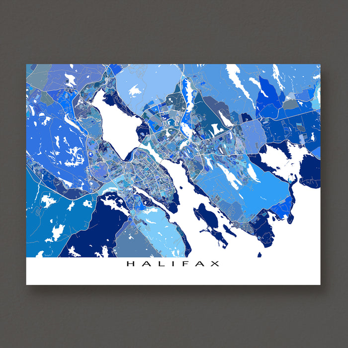Map of Halifax in blue and white on a dark gray background
