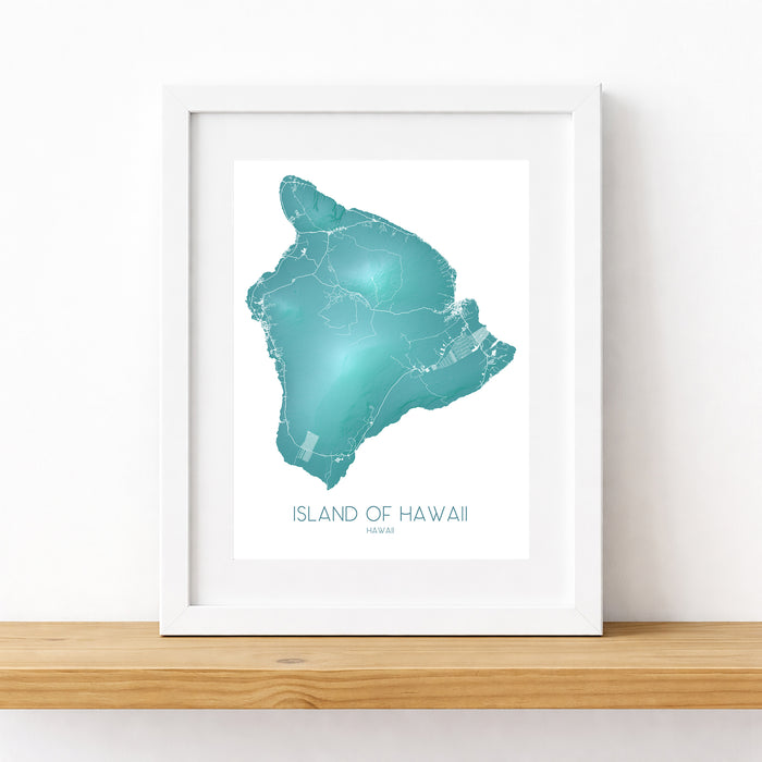 Framed map of the Island of Hawaii on a white background