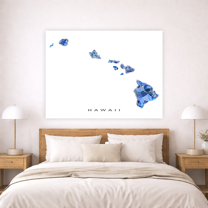 Bedroom with a map of Hawaii on the wall above a bed.