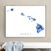 Framed map of Hawaii with blue mosaic design on a wall above a white bench.