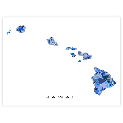 Map of Hawaii made up of blue mosaic pieces on a white background
